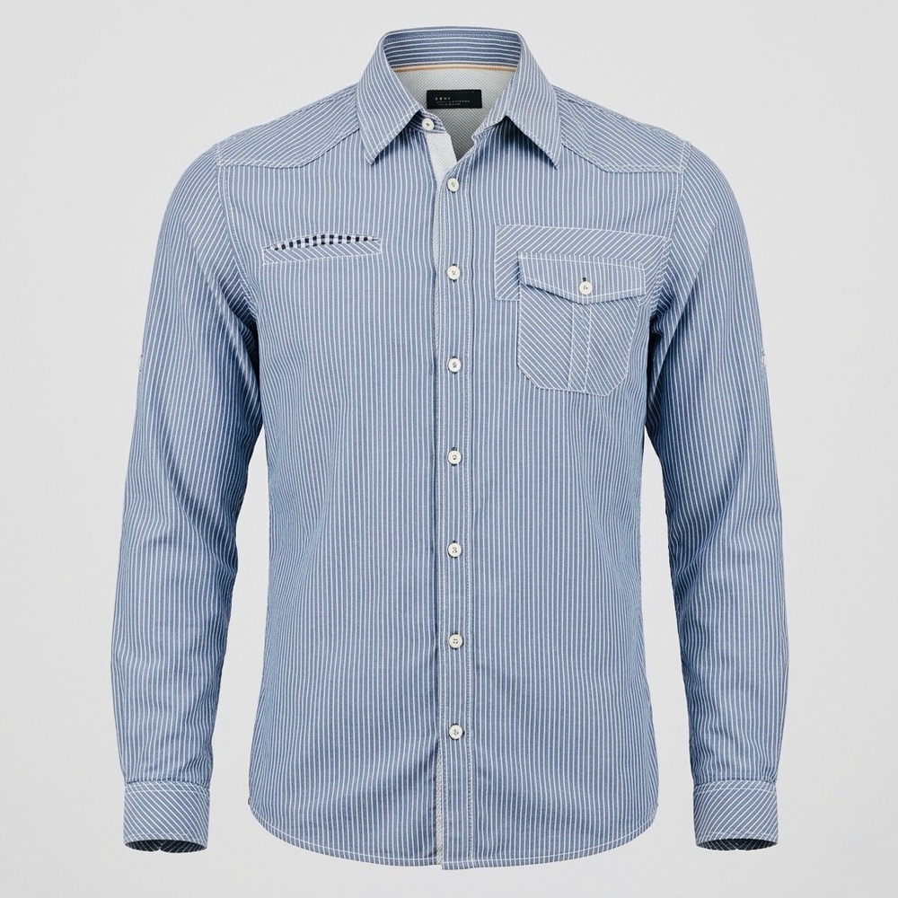 Zara Man Blue White Striped Shirt Contrast Placket Button Down Size Large